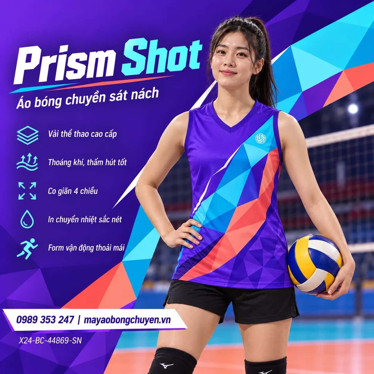 Áo bóng chuyền sát nách Prism Shot phối tím violet xanh cyan đặt đội