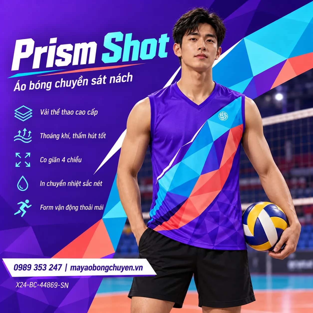 Áo bóng chuyền sát nách Prism Shot phối tím violet xanh cyan đặt đội