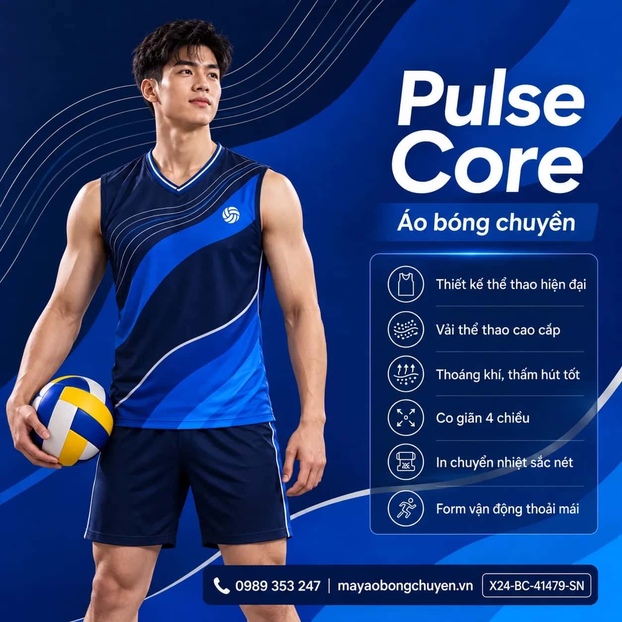 Áo bóng chuyền sát nách Pulse Core phối xanh navy xanh điện đặt đội