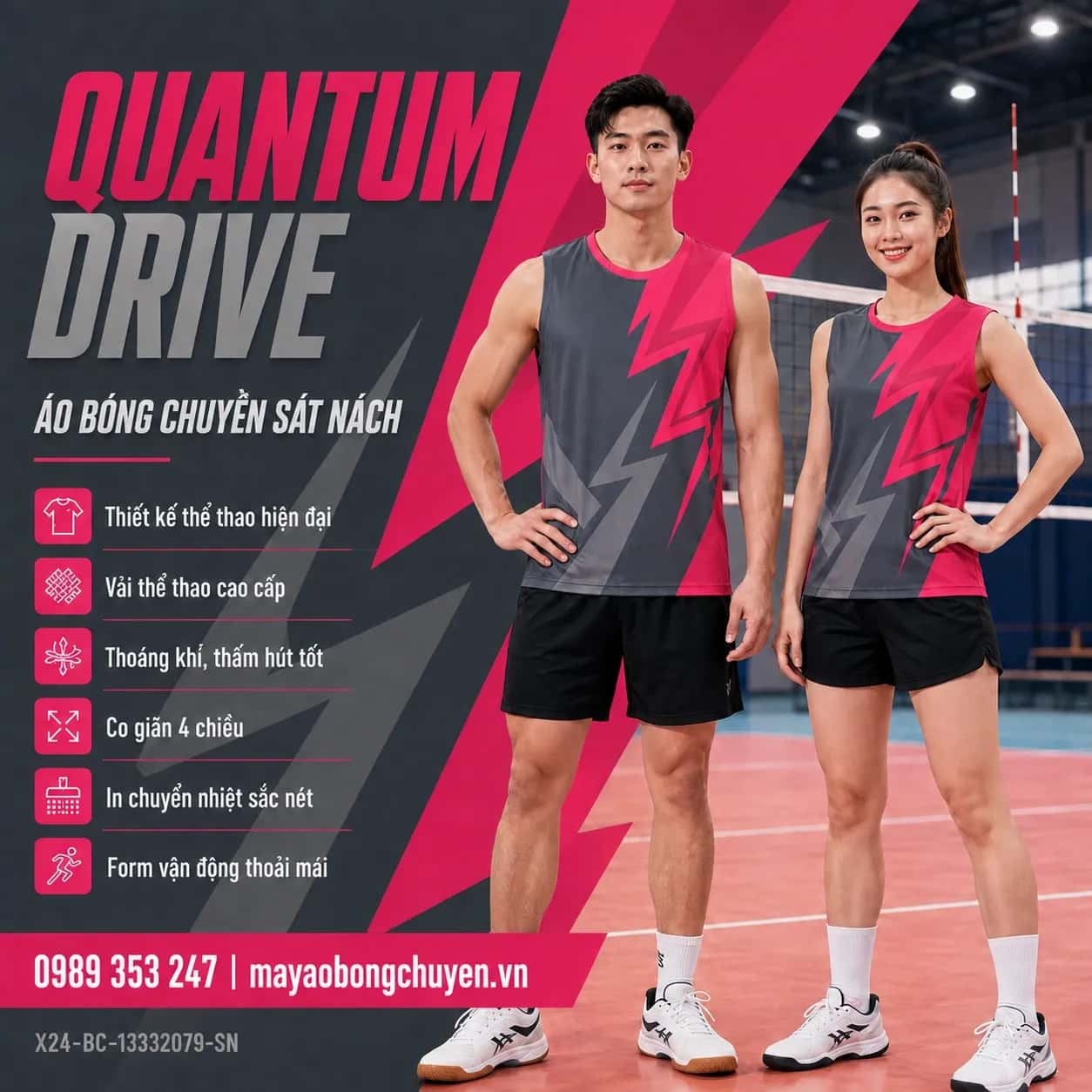 Áo bóng chuyền sát nách Quantum Drive phối xám graphite hồng raspberry đặt đội