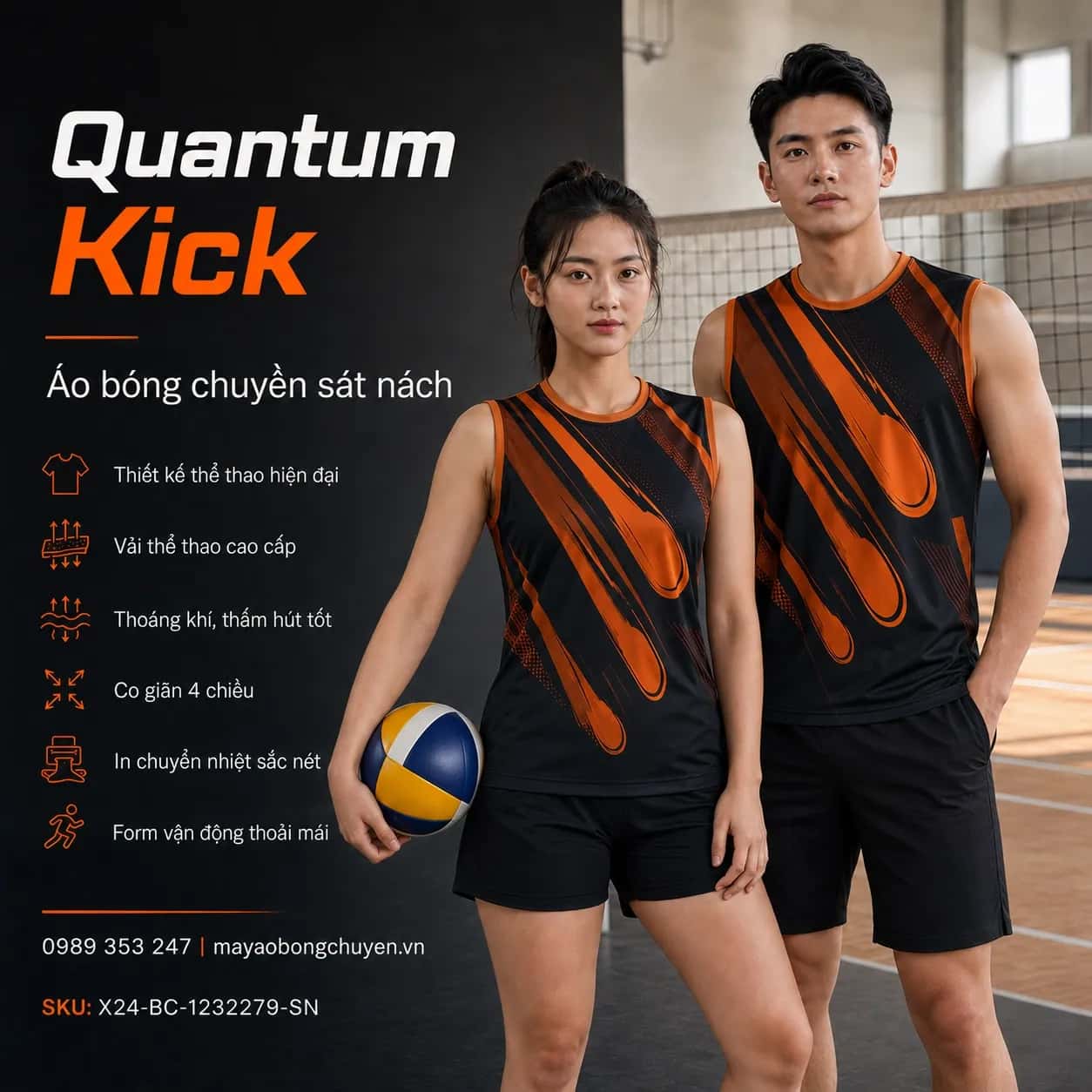 Áo bóng chuyền sát nách Quantum Kick phối đen cam cháy đặt đội