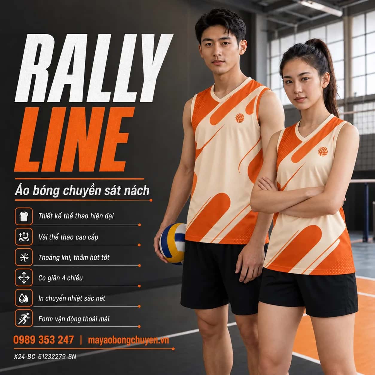 Áo bóng chuyền sát nách Rally Line phối cam cháy kem ấm đặt đội