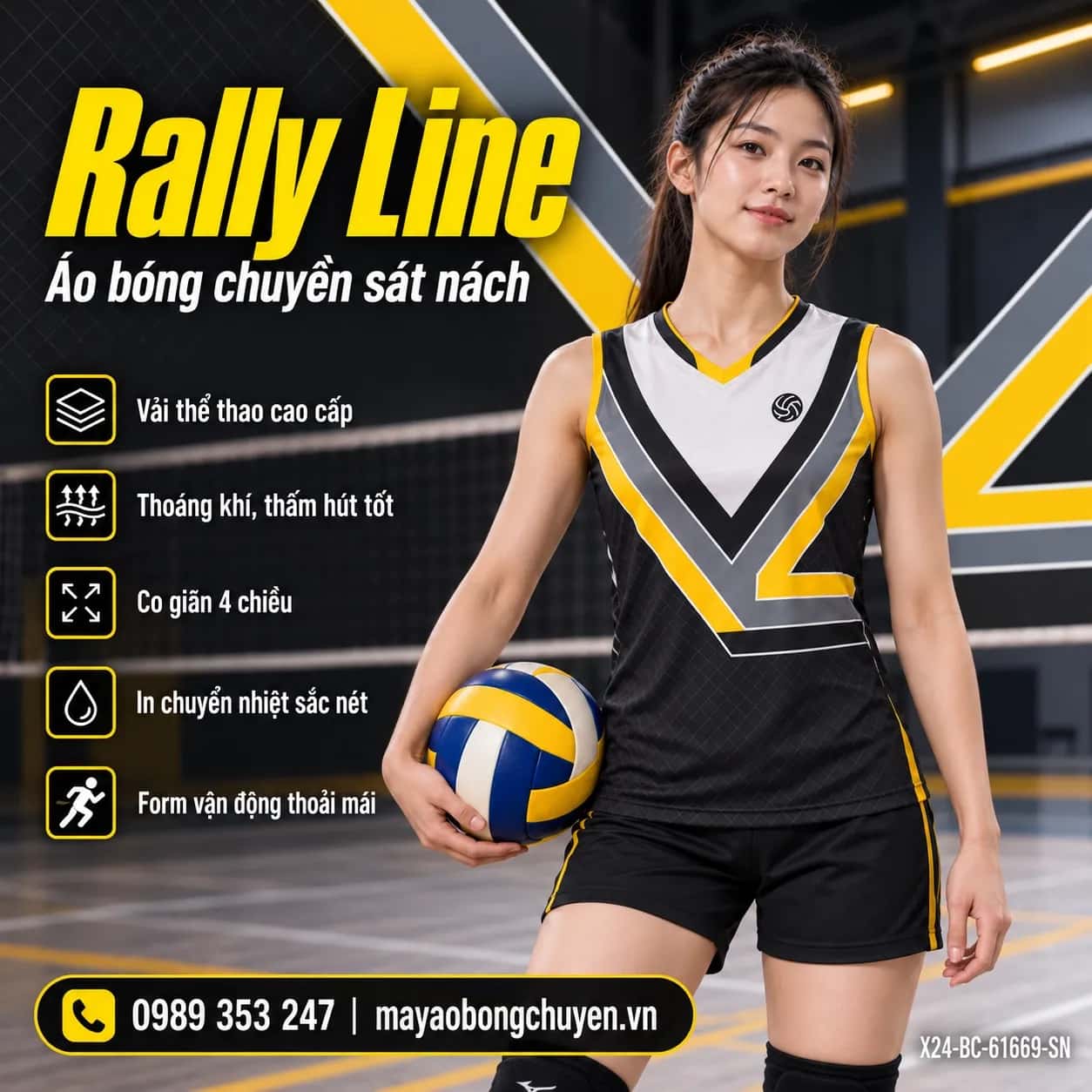 Áo bóng chuyền sát nách Rally Line phối đen charcoal xám đặt đội