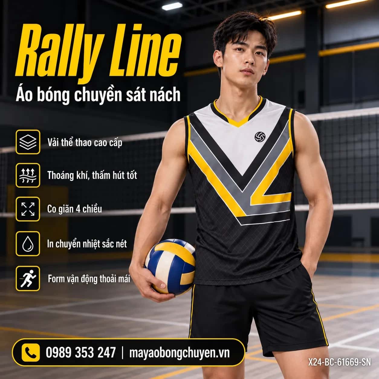 Áo bóng chuyền sát nách Rally Line phối đen charcoal xám đặt đội