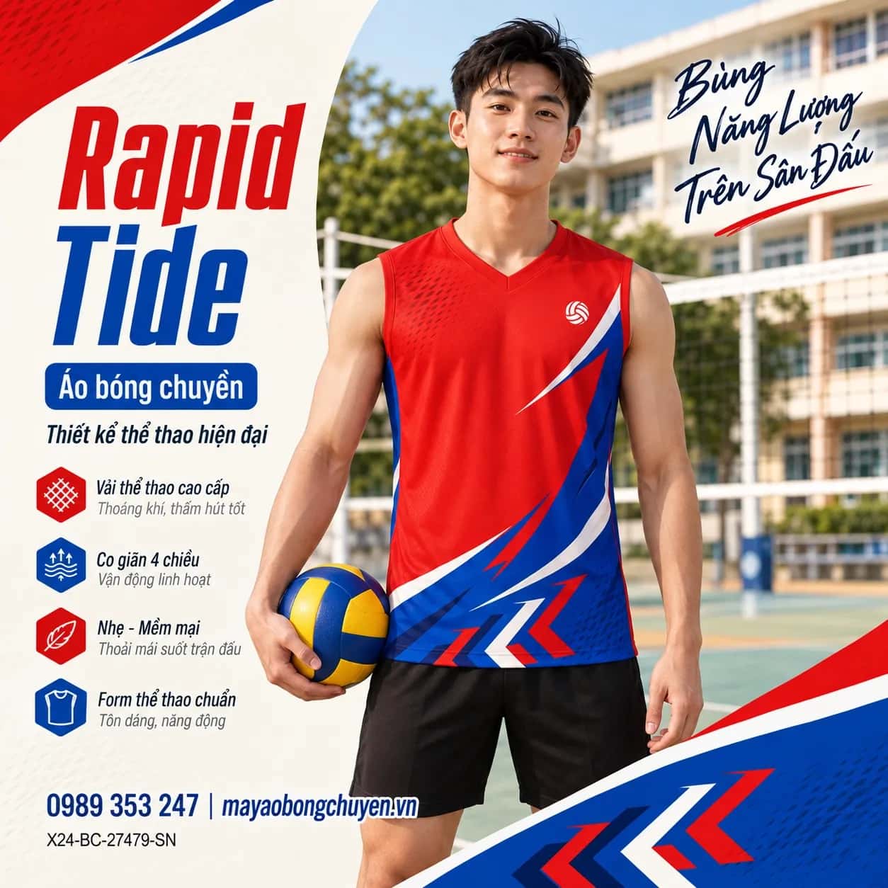 Áo bóng chuyền sát nách Rapid Tide phối đỏ thể thao xanh cobalt đặt đội