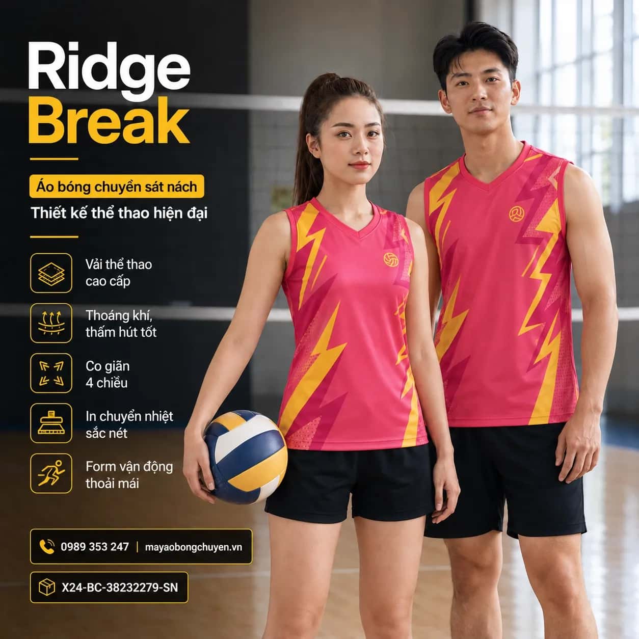 Áo bóng chuyền sát nách Ridge Break phối hồng raspberry vàng gold đặt đội