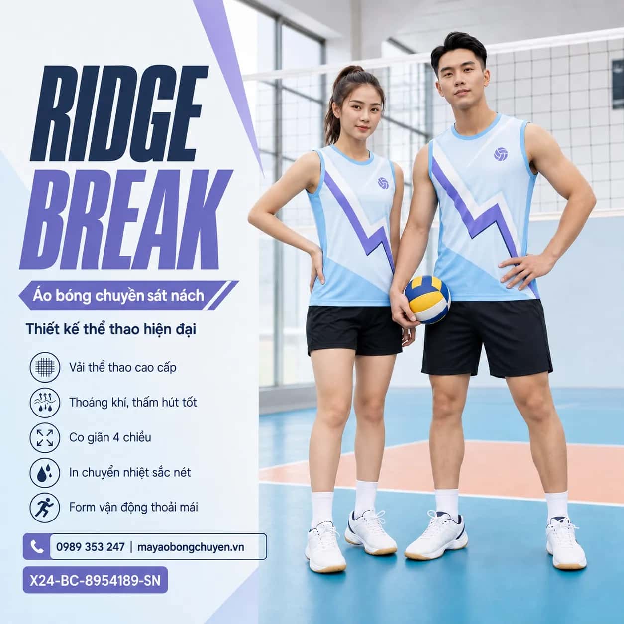 Áo bóng chuyền sát nách Ridge Break phối xanh da trời tím lavender đặt đội