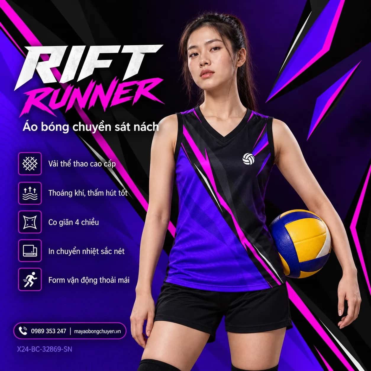 Áo bóng chuyền sát nách Rift Runner phối tím violet đen đặt đội