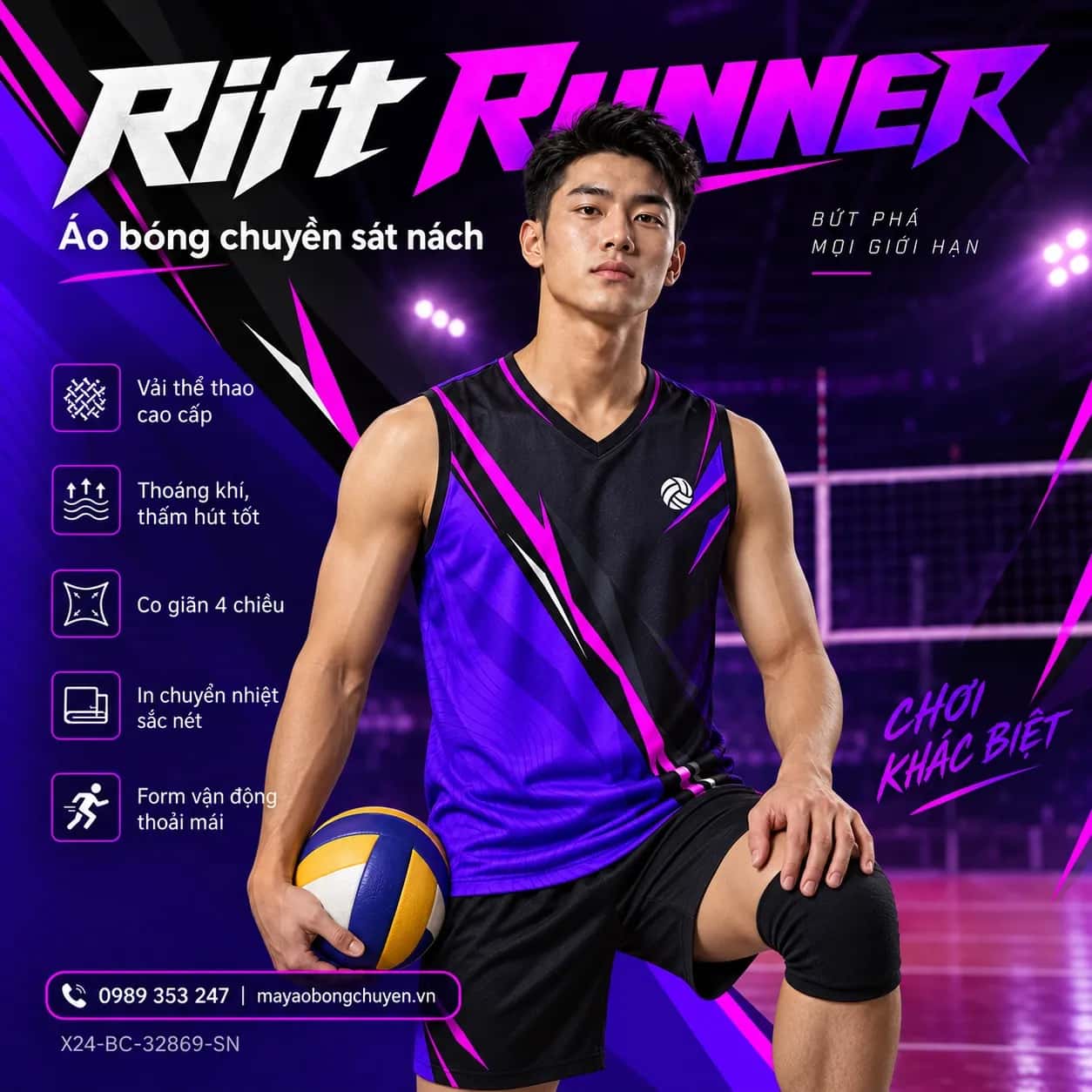 Áo bóng chuyền sát nách Rift Runner phối tím violet đen đặt đội