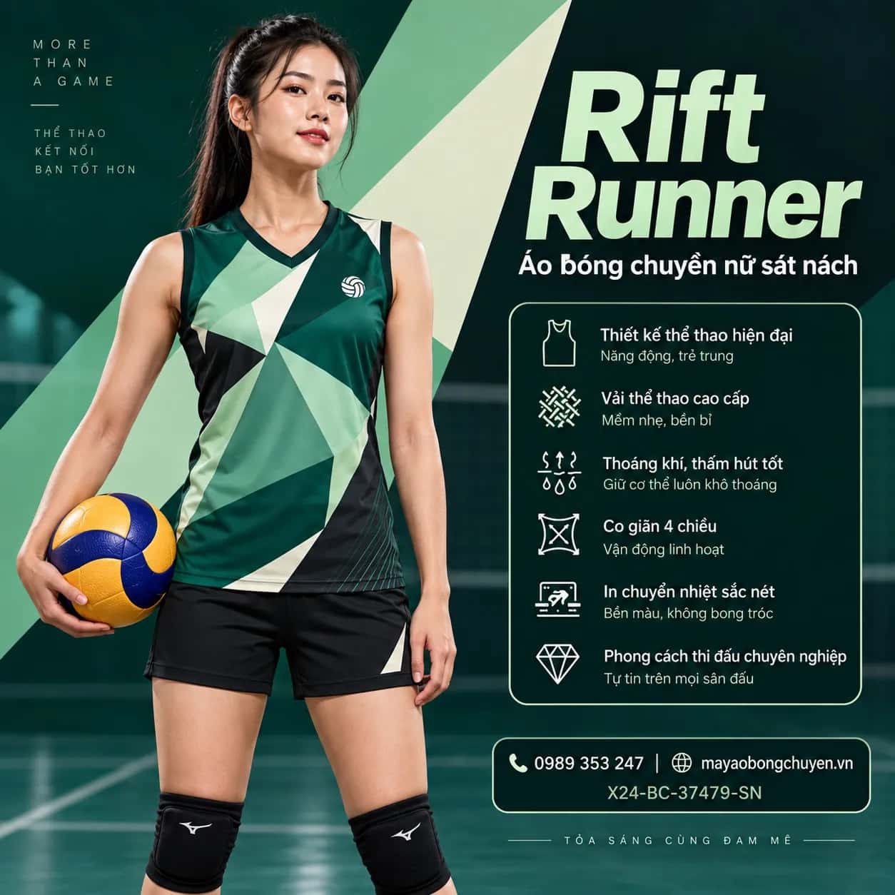 Áo bóng chuyền sát nách Rift Runner phối xanh ngọc lục bảo đen than đặt đội