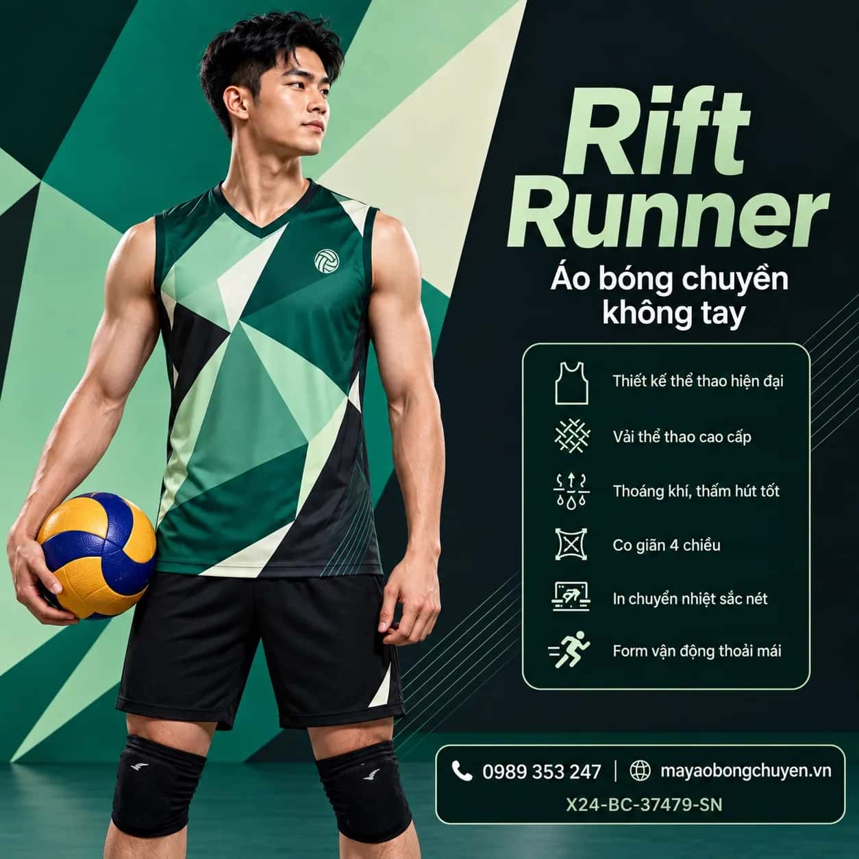 Áo bóng chuyền sát nách Rift Runner phối xanh ngọc lục bảo đen than đặt đội