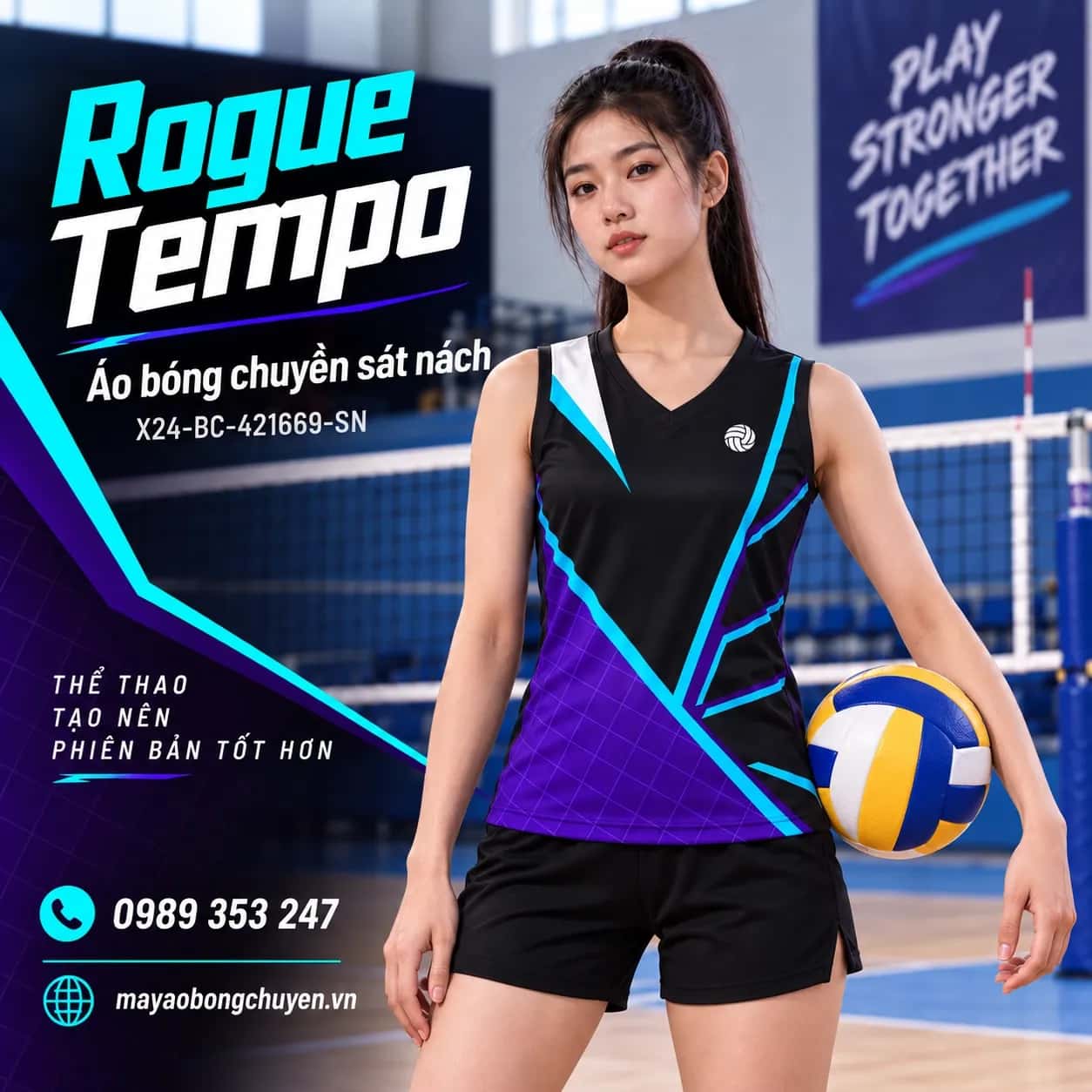 Áo bóng chuyền sát nách Rogue Tempo phối tím đậm đen đặt đội