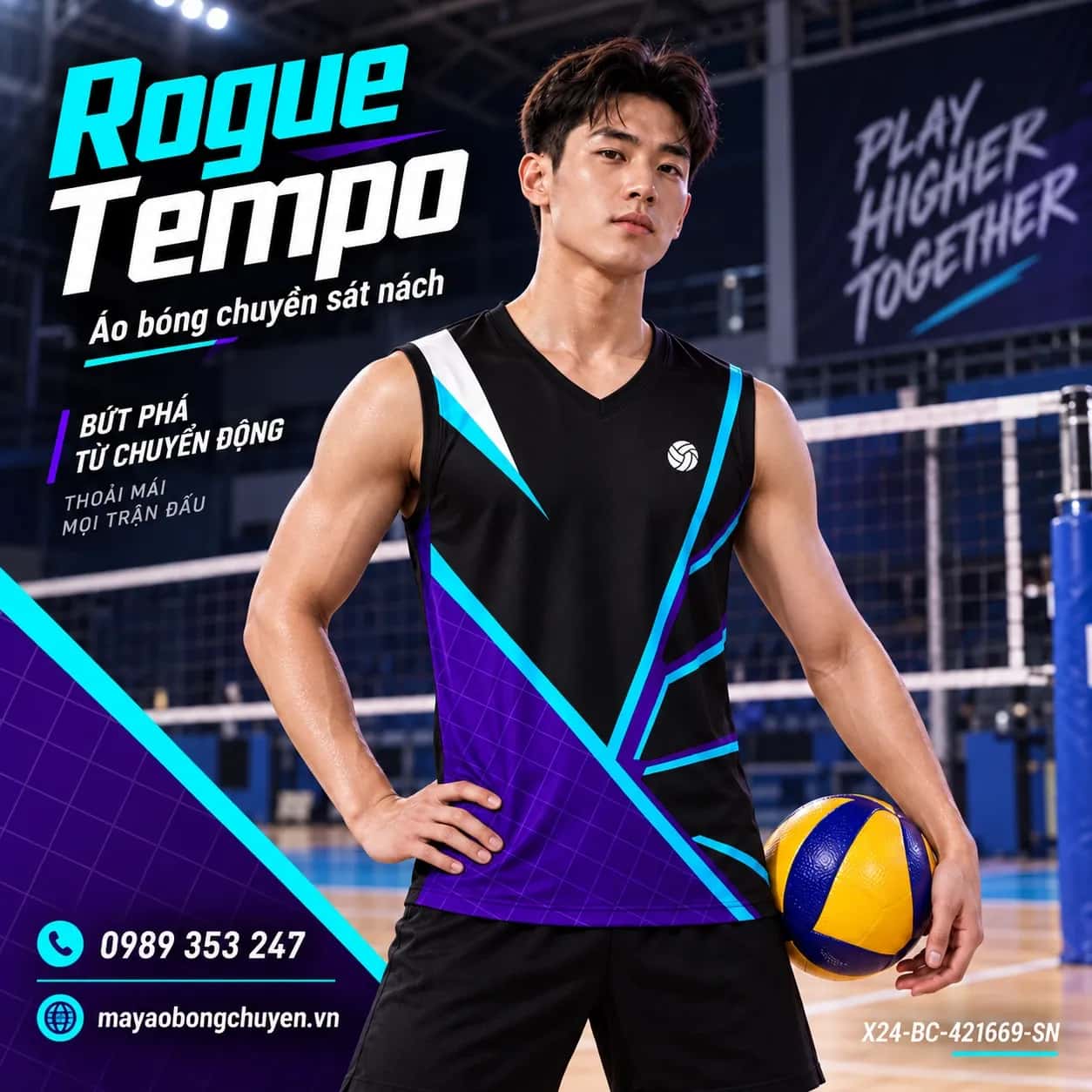Áo bóng chuyền sát nách Rogue Tempo phối tím đậm đen đặt đội