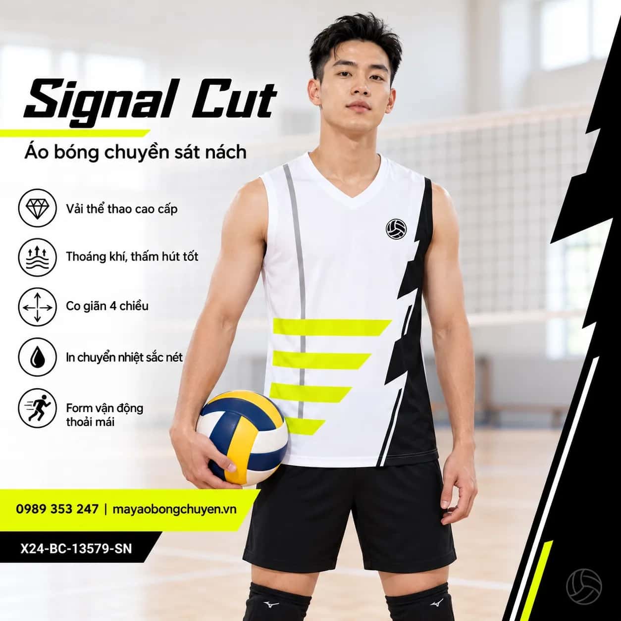 Áo bóng chuyền sát nách Signal Cut phối trắng đen đặt đội