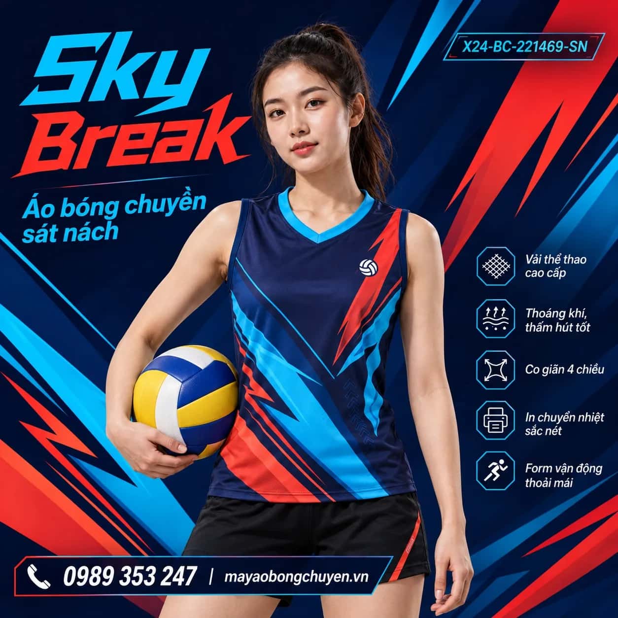 Áo bóng chuyền sát nách Sky Break phối xanh navy xanh cyan đặt đội