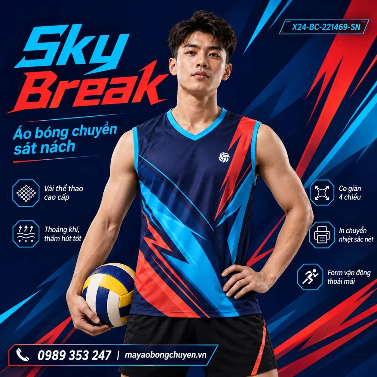 Áo bóng chuyền sát nách Sky Break phối xanh navy xanh cyan đặt đội