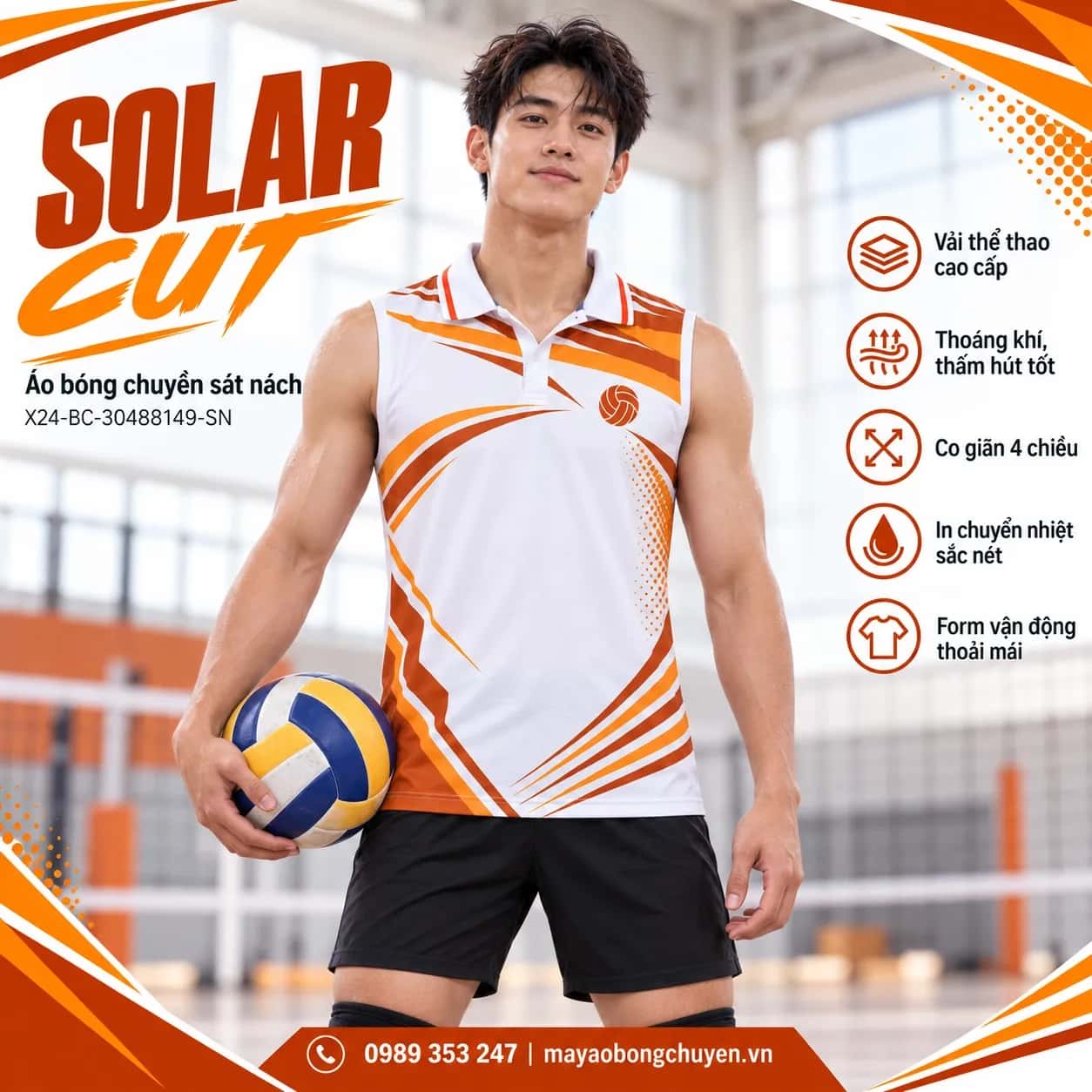 Áo bóng chuyền sát nách Solar Cut phối trắng cam cháy đặt đội