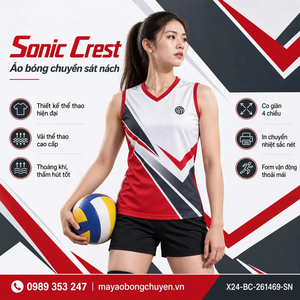 Áo bóng chuyền sát nách Sonic Crest phối trắng ngọc trai đỏ crimson đặt đội