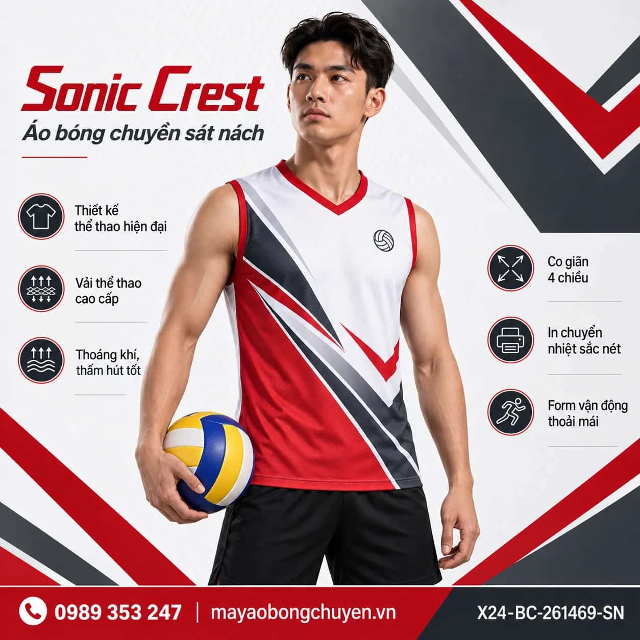 Áo bóng chuyền sát nách Sonic Crest phối trắng ngọc trai đỏ crimson đặt đội