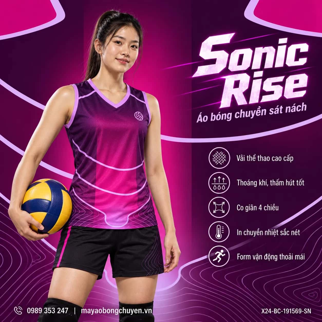 Áo bóng chuyền sát nách Sonic Rise phối đỏ magenta tím plum đặt đội