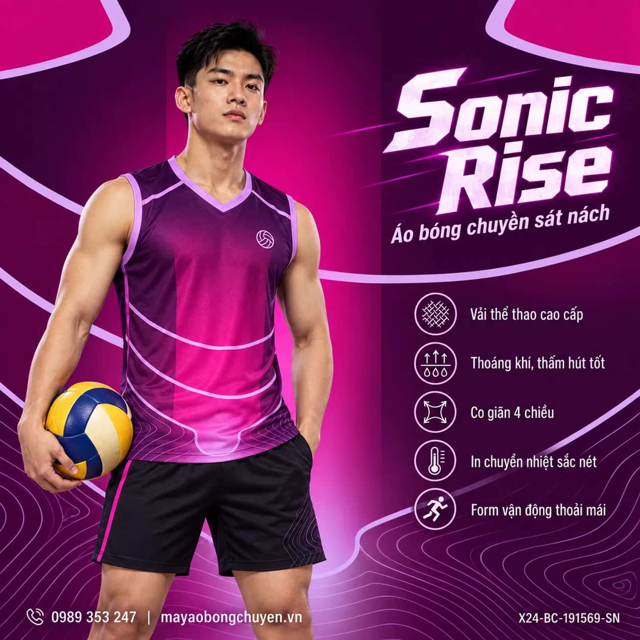 Áo bóng chuyền sát nách Sonic Rise phối đỏ magenta tím plum đặt đội