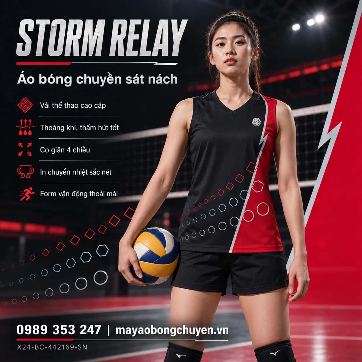 Áo bóng chuyền sát nách Storm Relay phối đen charcoal đỏ crimson đặt đội