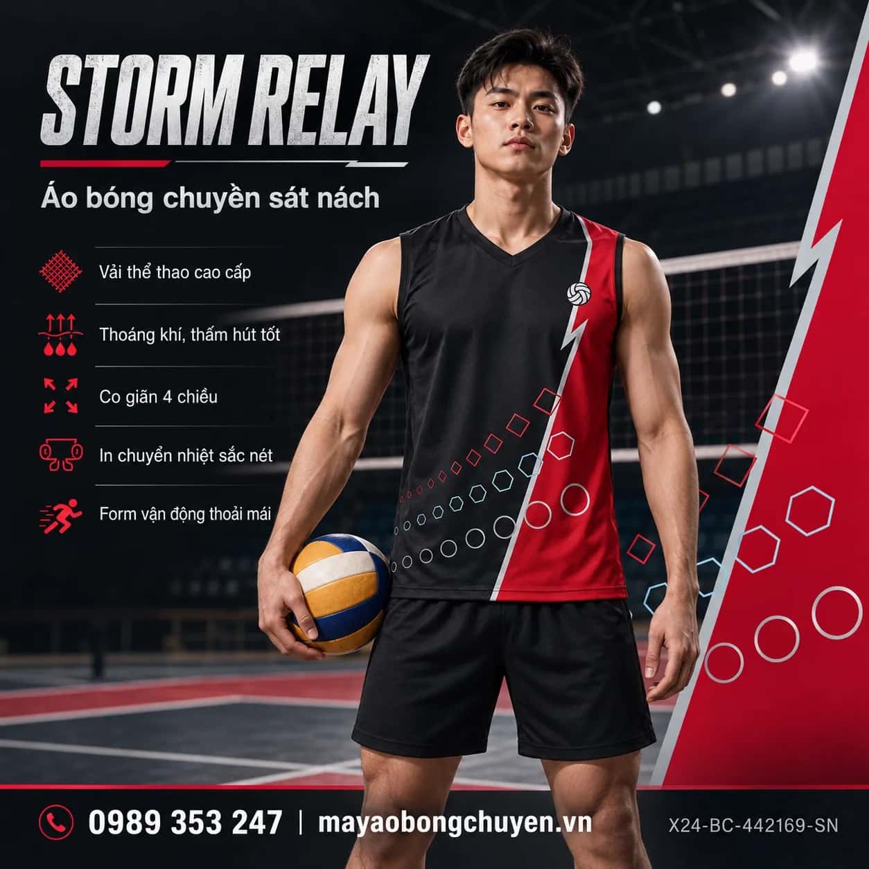 Áo bóng chuyền sát nách Storm Relay phối đen charcoal đỏ crimson đặt đội