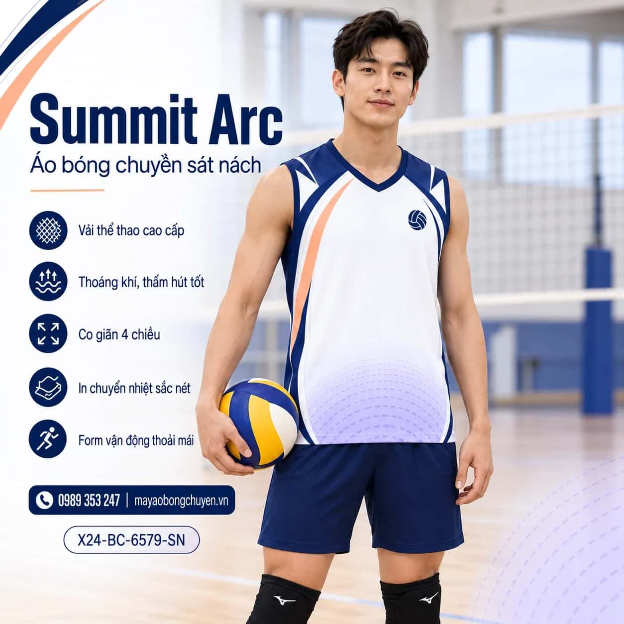 Áo bóng chuyền sát nách Summit Arc phối trắng xanh navy đặt đội