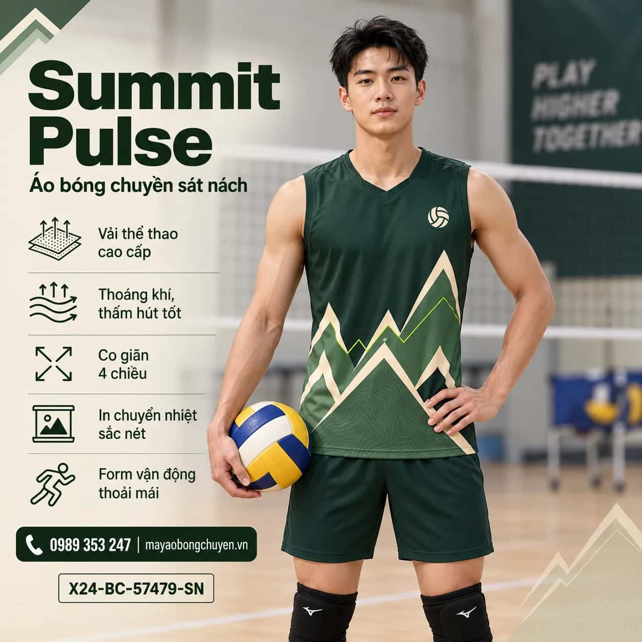 Áo bóng chuyền sát nách Summit Pulse phối xanh rừng kem đặt đội