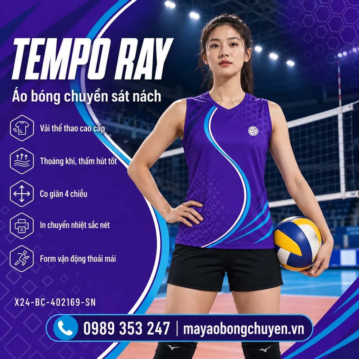Áo bóng chuyền sát nách Tempo Ray phối tím royal xanh cyan đặt đội