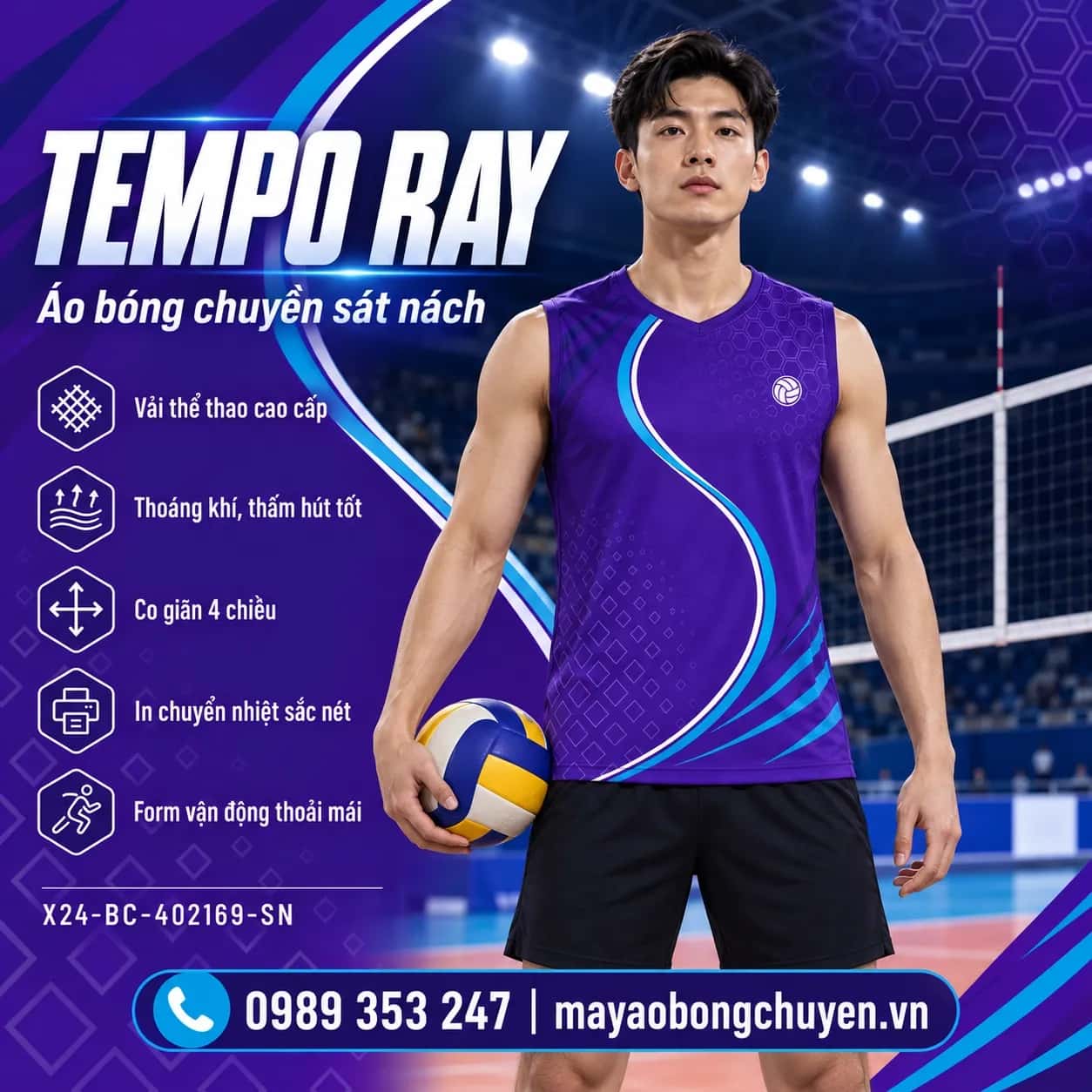 Áo bóng chuyền sát nách Tempo Ray phối tím royal xanh cyan đặt đội