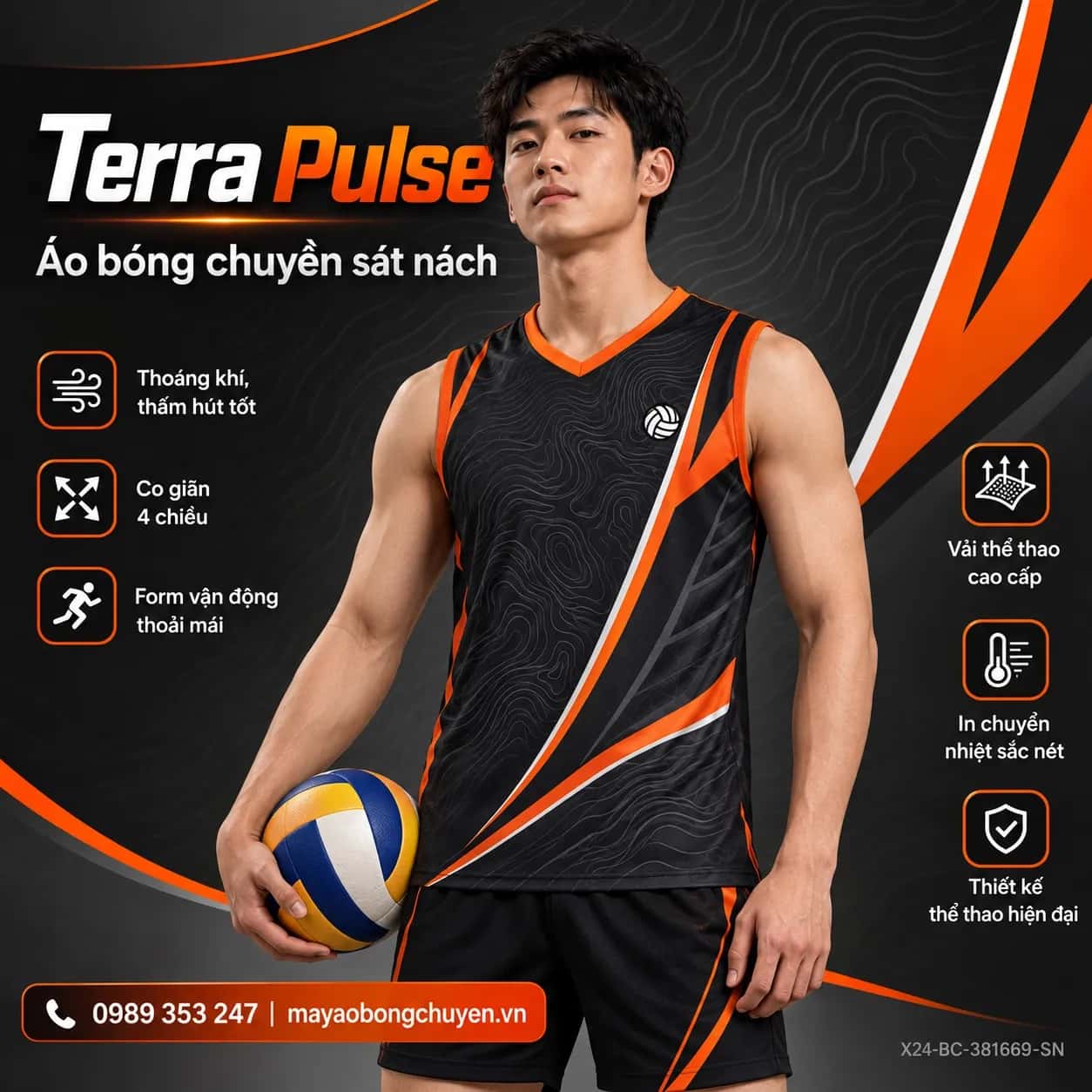 Áo bóng chuyền sát nách Terra Pulse phối đen charcoal cam sáng đặt đội