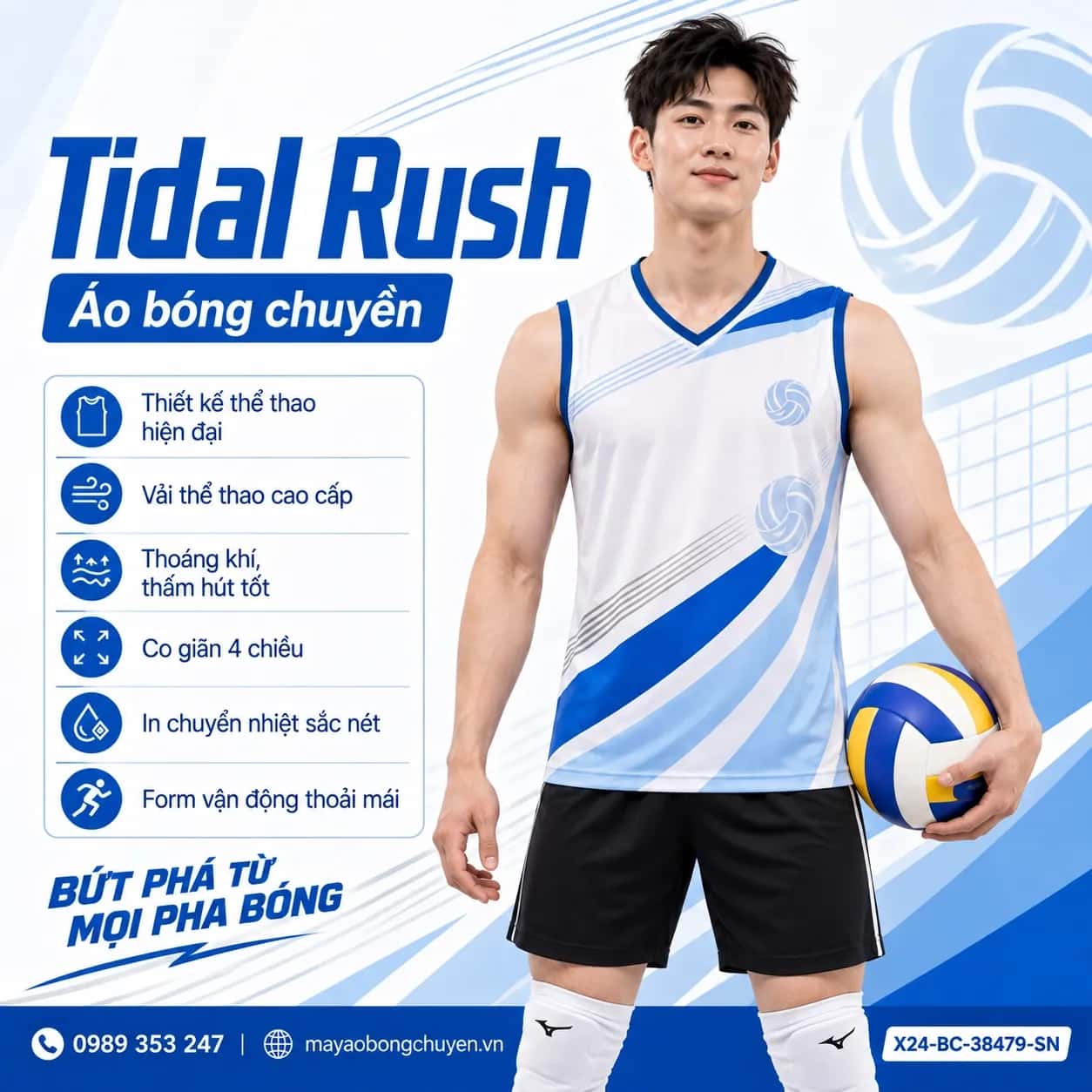Áo bóng chuyền sát nách Tidal Rush phối trắng ngọc trai xanh hoàng gia đặt đội