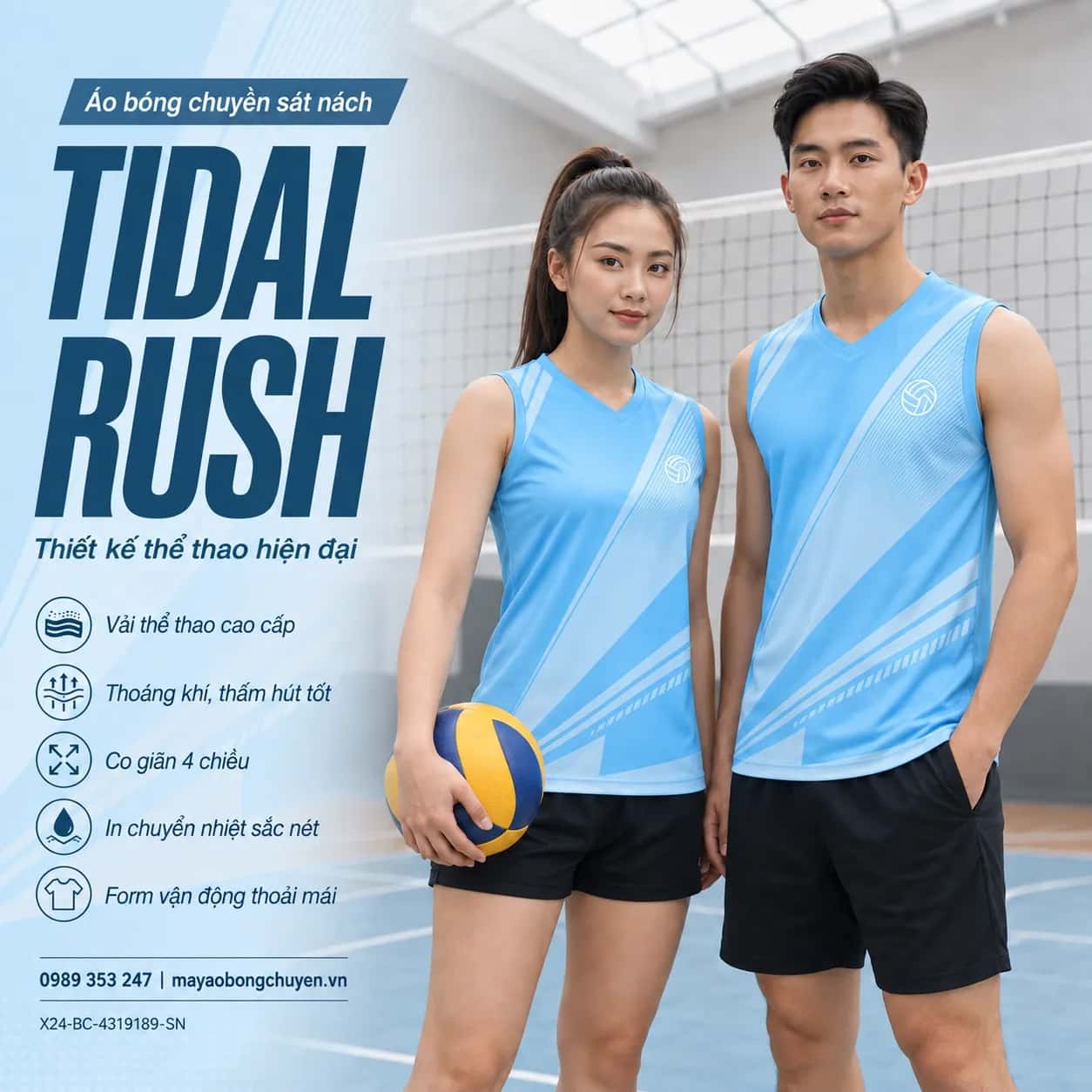 Áo bóng chuyền sát nách Tidal Rush phối xanh thiên thanh xám bạc đặt đội