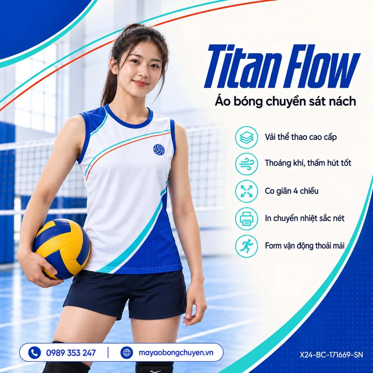 Áo bóng chuyền sát nách Titan Flow phối trắng ngà xanh cobalt đặt đội