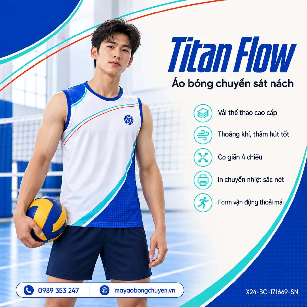 Áo bóng chuyền sát nách Titan Flow phối trắng ngà xanh cobalt đặt đội