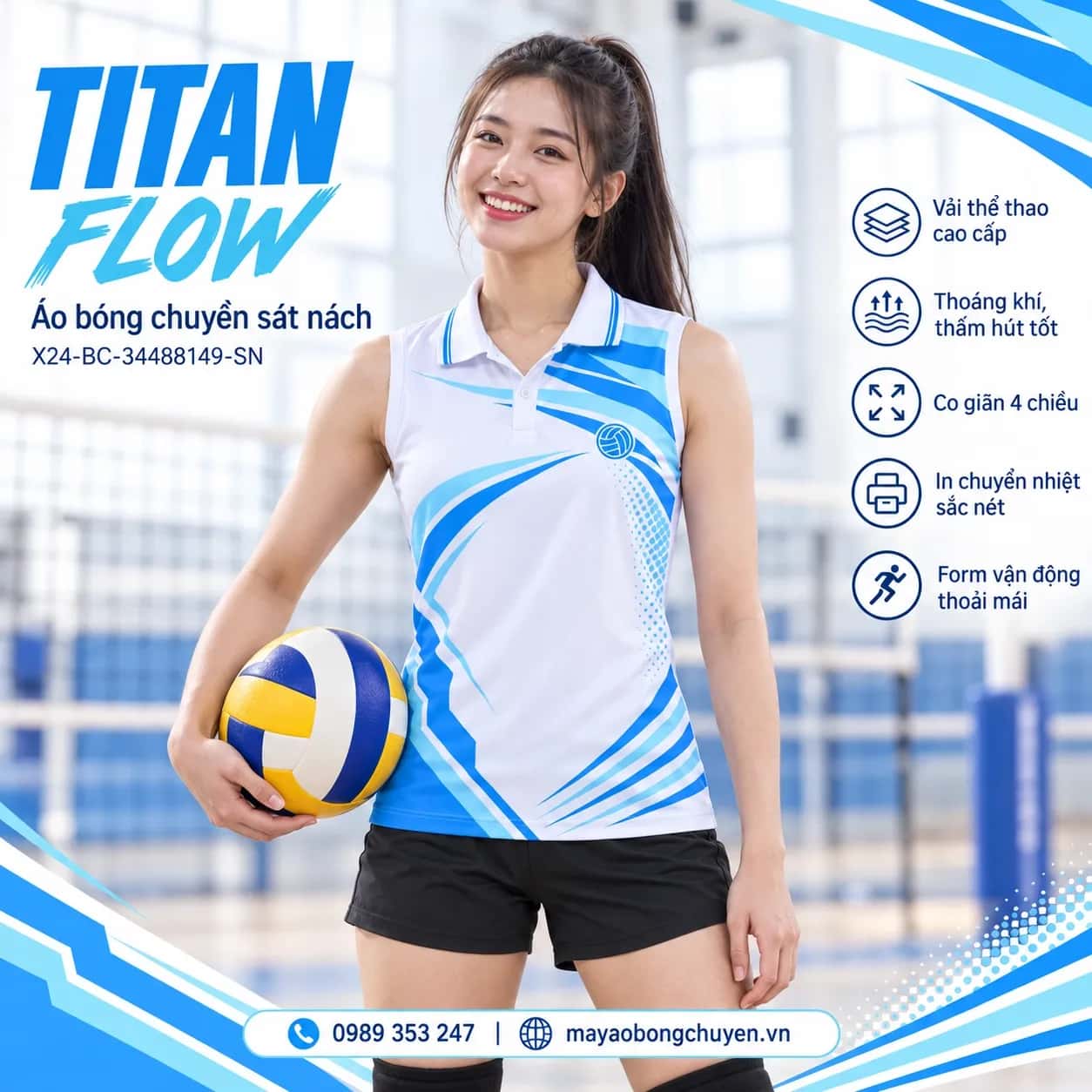 Áo bóng chuyền sát nách Titan Flow phối trắng xanh da trời đặt đội