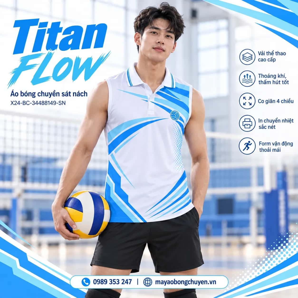 Áo bóng chuyền sát nách Titan Flow phối trắng xanh da trời đặt đội