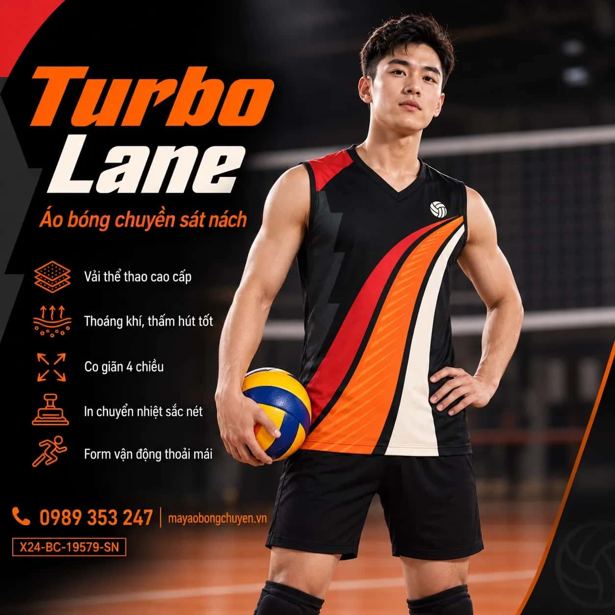 Áo bóng chuyền sát nách Turbo Lane phối đen đỏ scarlet đặt đội