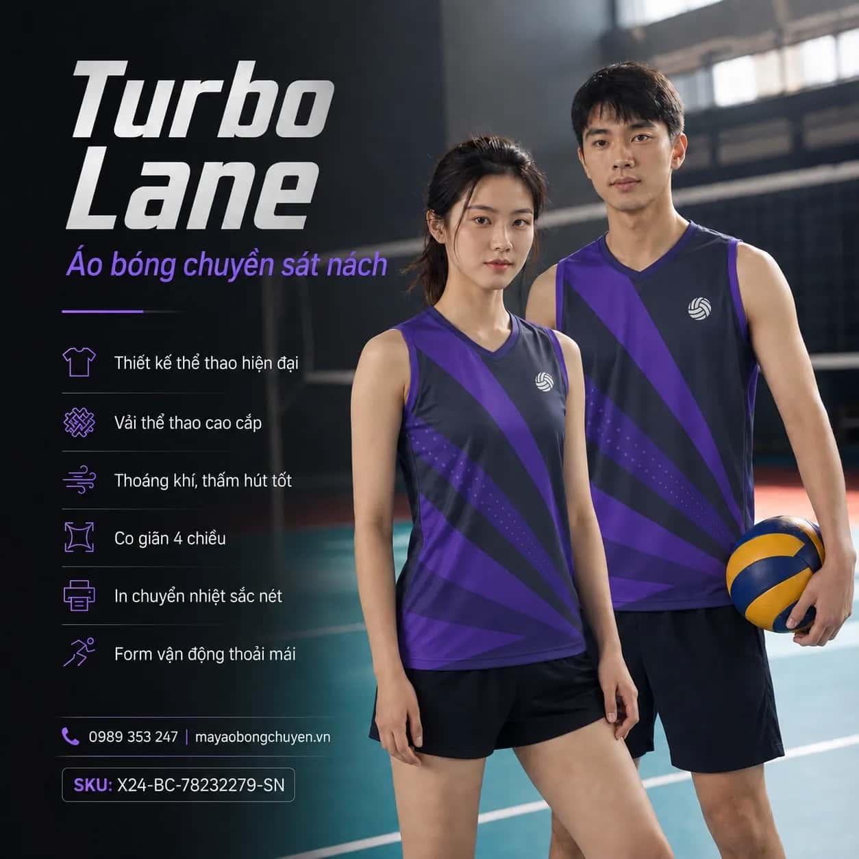 Áo bóng chuyền sát nách Turbo Lane phối xám slate tím violet đặt đội