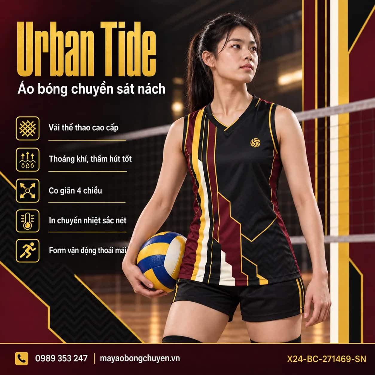 Áo bóng chuyền sát nách Urban Tide phối đen đỏ burgundy đặt đội