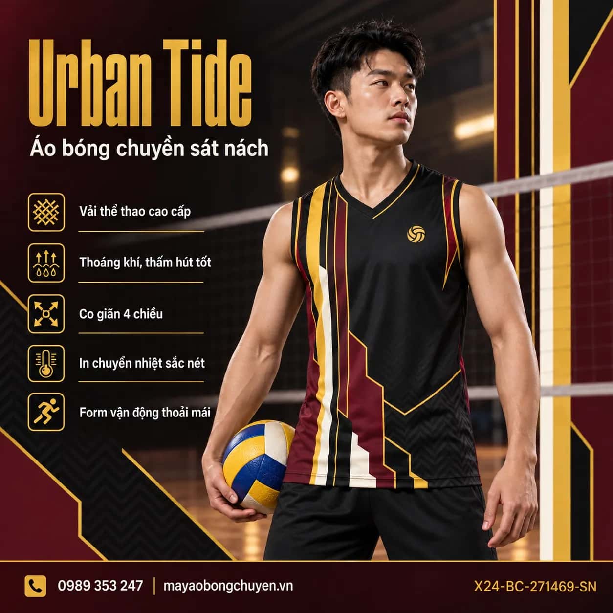 Áo bóng chuyền sát nách Urban Tide phối đen đỏ burgundy đặt đội