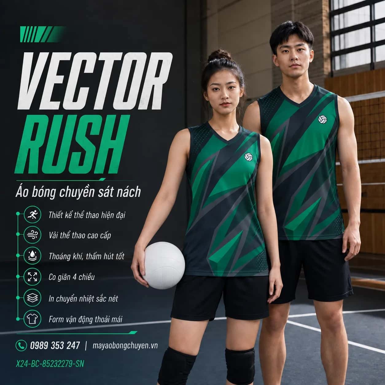 Áo bóng chuyền sát nách Vector Rush phối xám graphite xanh emerald đặt đội