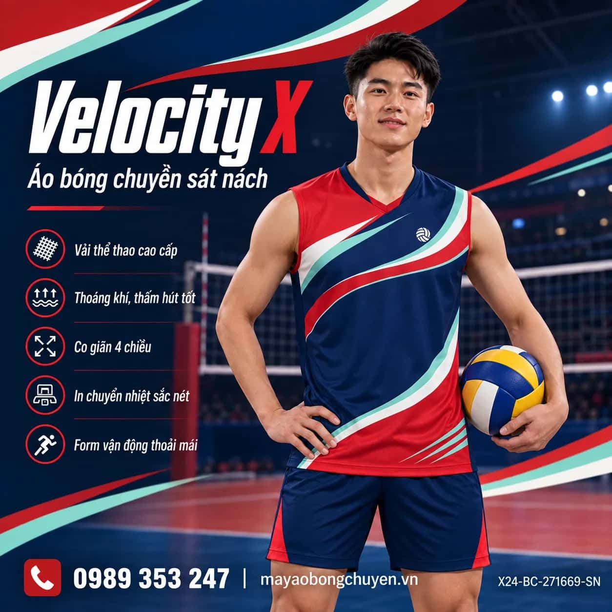 Áo bóng chuyền sát nách Velocity X phối đỏ gạch xanh navy đặt đội