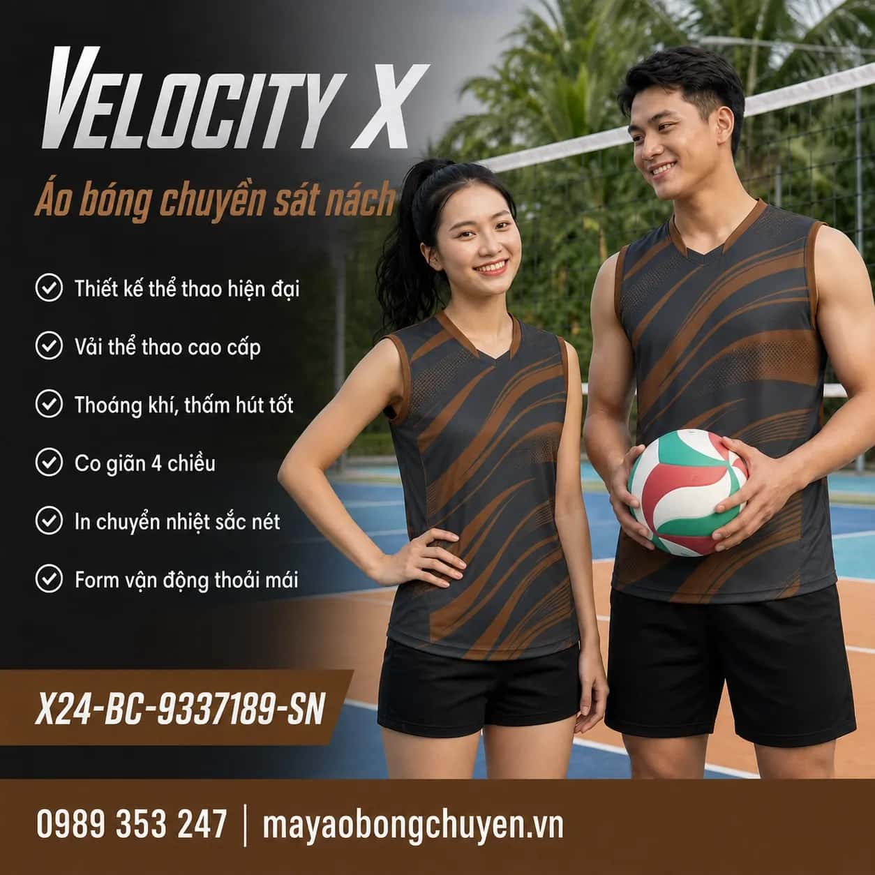 Áo bóng chuyền sát nách Velocity X phối xám graphite nâu cacao đặt đội