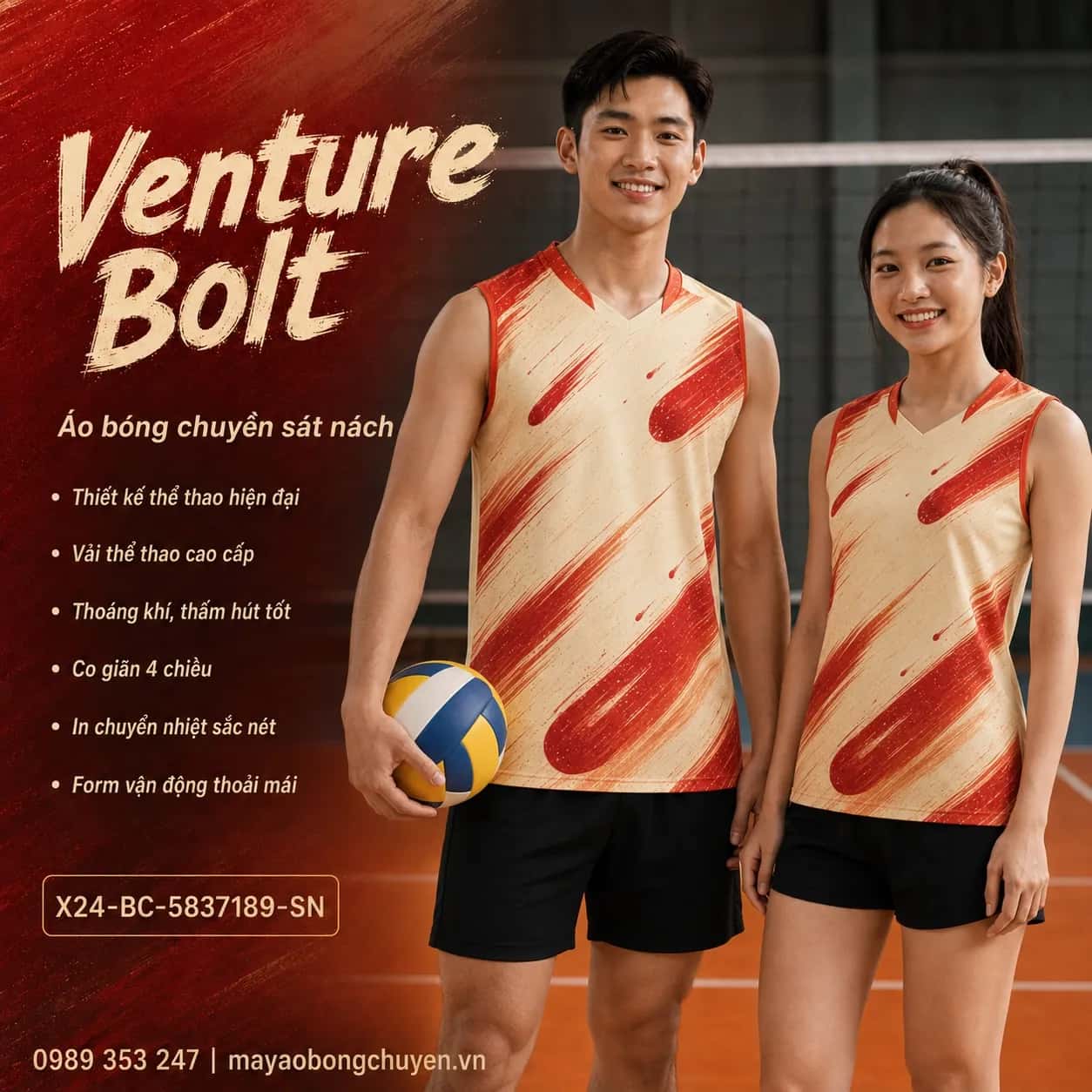 Áo bóng chuyền sát nách Venture Bolt phối kem ấm đỏ crimson đặt đội