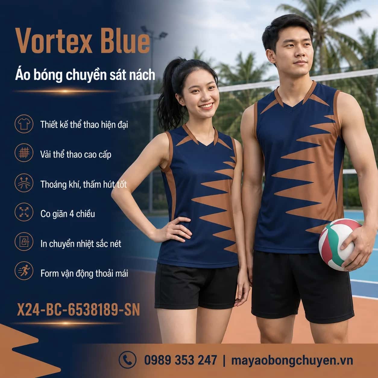 Áo bóng chuyền sát nách Vortex Blue phối xanh navy nâu cacao đặt đội
