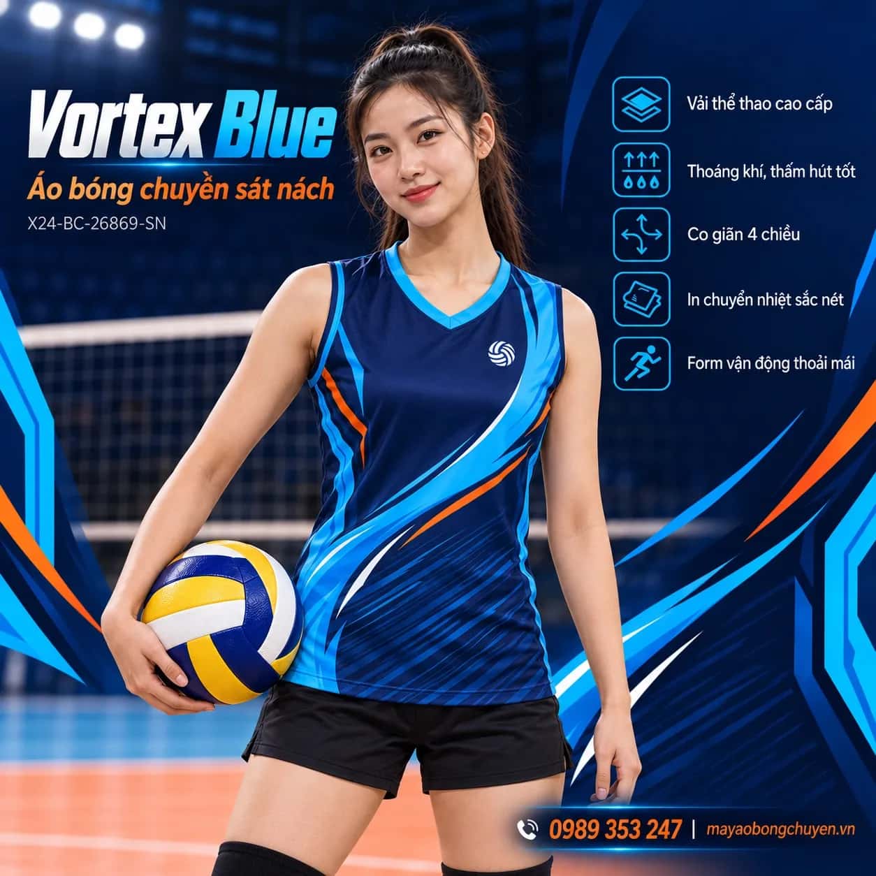 Áo bóng chuyền sát nách Vortex Blue phối xanh navy xanh cyan đặt đội