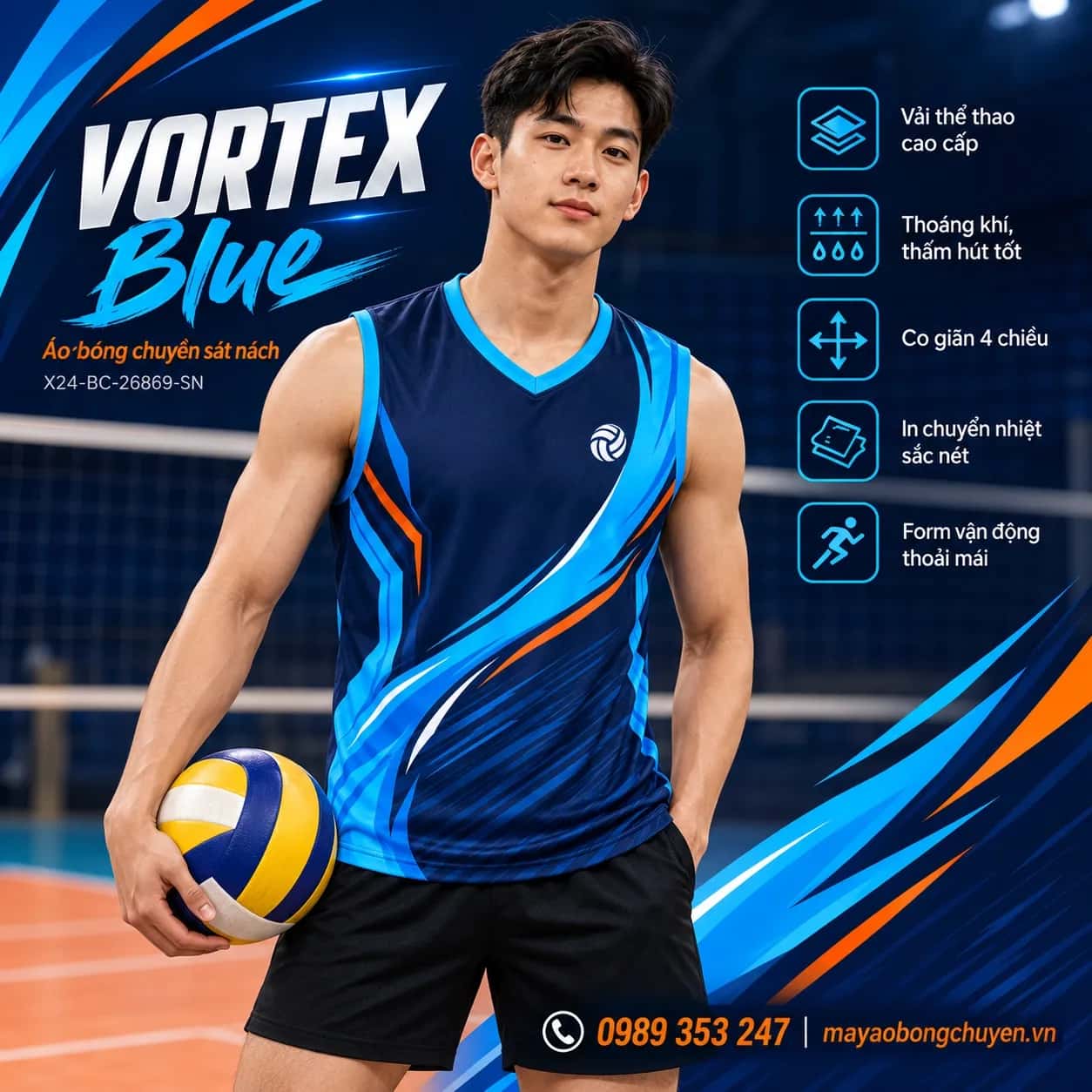 Áo bóng chuyền sát nách Vortex Blue phối xanh navy xanh cyan đặt đội