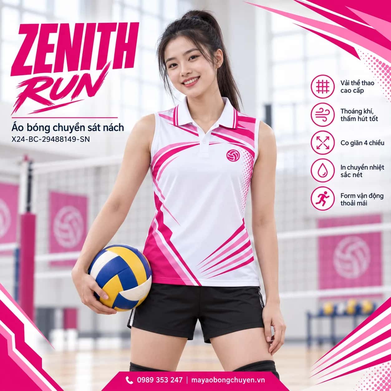 Áo bóng chuyền sát nách Zenith Run phối trắng hồng magenta đặt đội